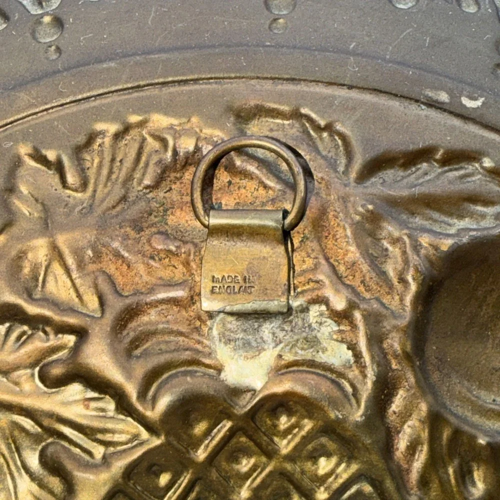 Vintage Brass Wall Plates Made in England Fruit Relief Pair 10.5
